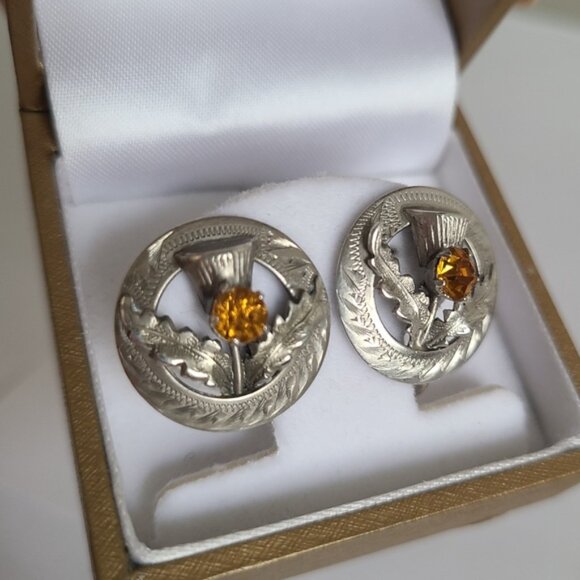 Vintage WB Scotland Sterling Silver Boho Yellow Citrine Circle Stud Earrings - Picture 9 of 13